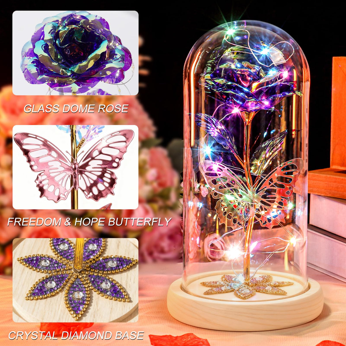 Beferr glass rose butterfly decoration—symbol of beauty and hope, ideal home decor.