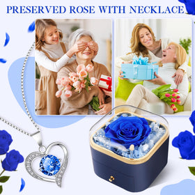 Beferr heart necklace detail complements blue rose for romantic keepsake