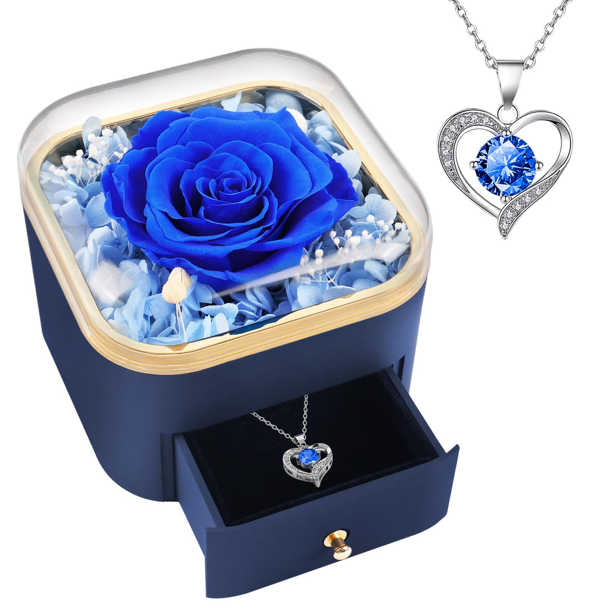 Beferr preserved blue rose with necklace, elegant gift ready for gifting