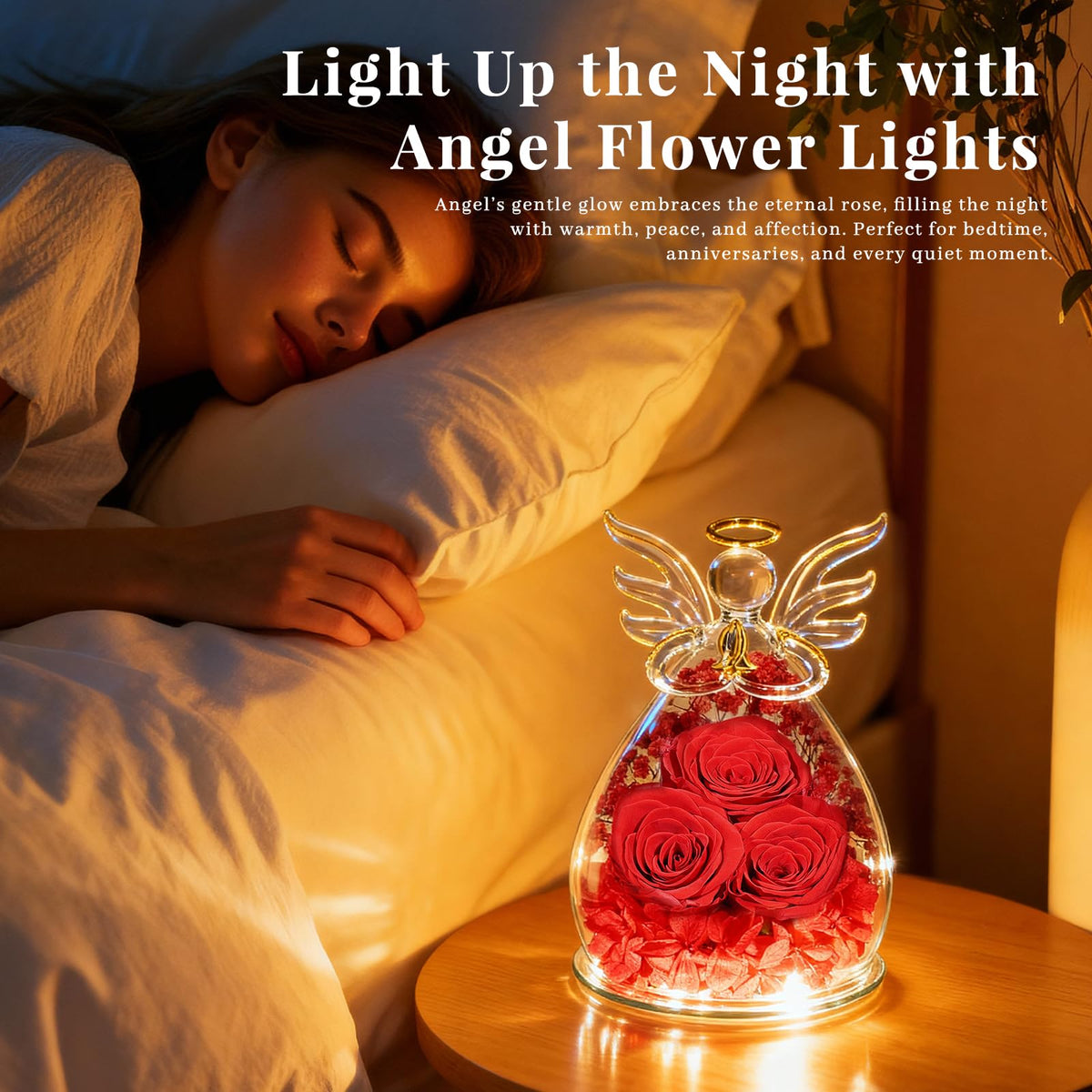 Beferr rose-angel-figurine-led-light adds gentle illumination and romantic ambiance.