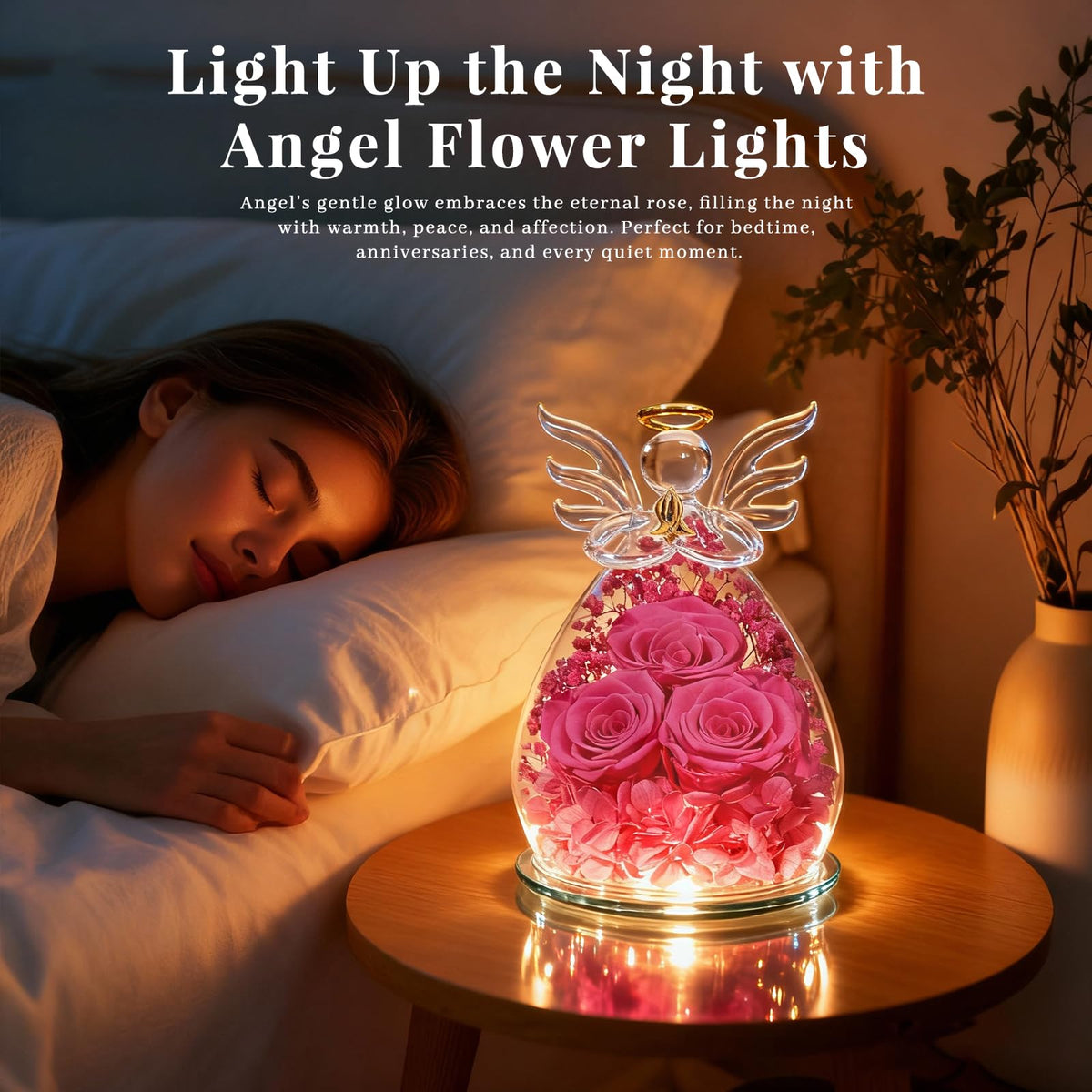 Beferr rose in glass angel with LED lights creates romantic ambiance for evenings.