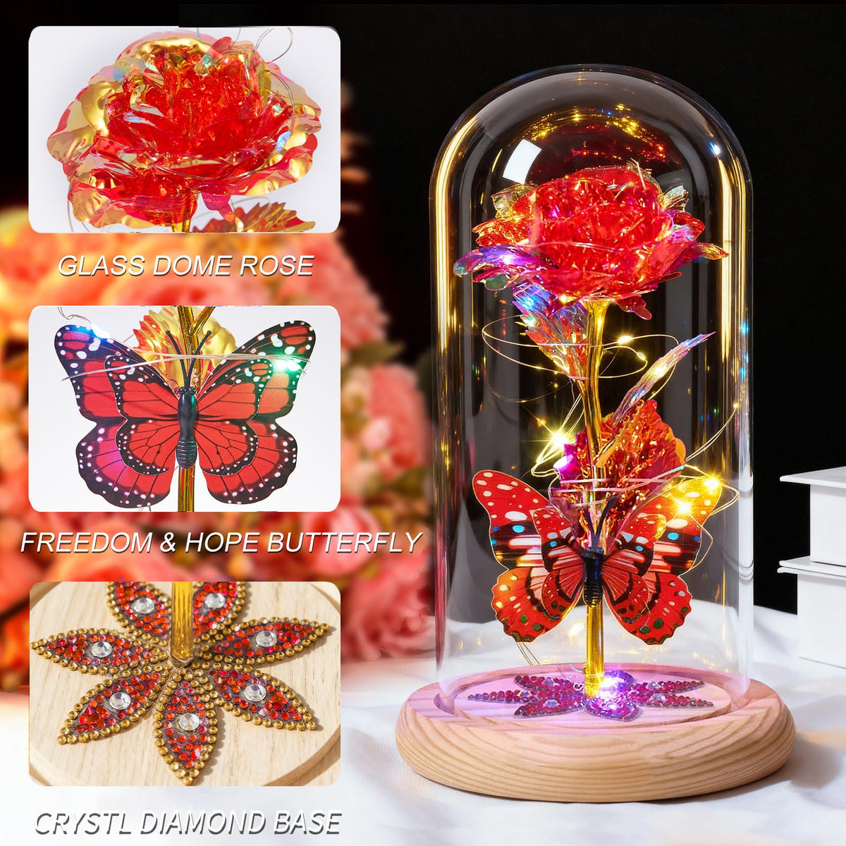 Beferr rose on wooden base with crystal diamonds enhances shelf display
