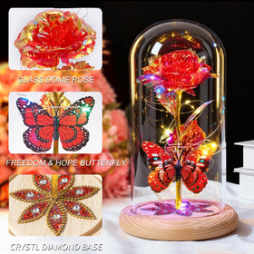Beferr rose on wooden base with crystal diamonds enhances shelf display