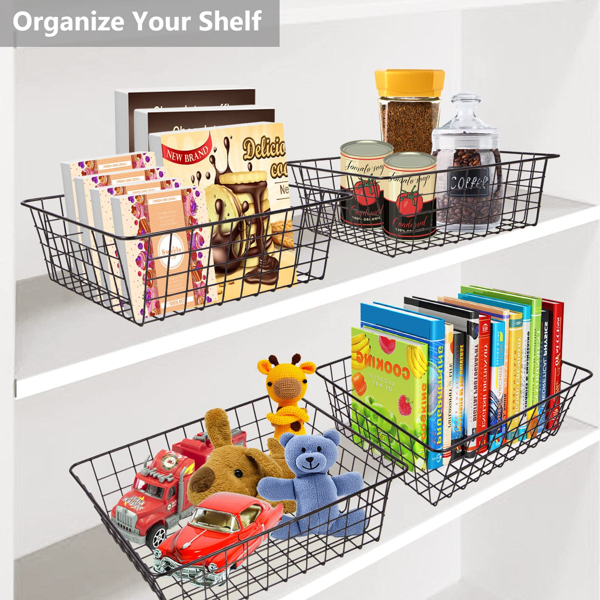 Beimu wire baskets with handles enable easy transport between shelves.