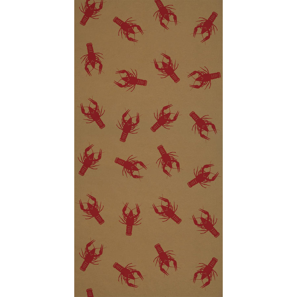 Beistle Crawfish Kraft Paper Table Roll in brown with red crawfish print for Cajun gatherings.