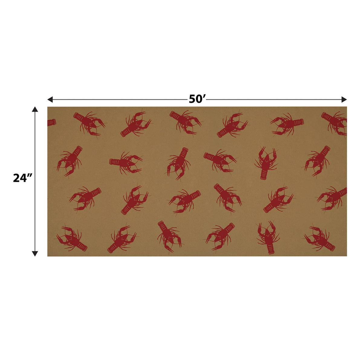 Beistle Crawfish Kraft Table Roll close-up showing red crawfish on brown kraft for Cajun events.