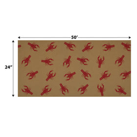 Beistle Crawfish Kraft Table Roll close-up showing red crawfish on brown kraft for Cajun events.