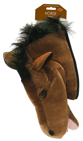 Beistle plush horse head hat worn by model for group costumes