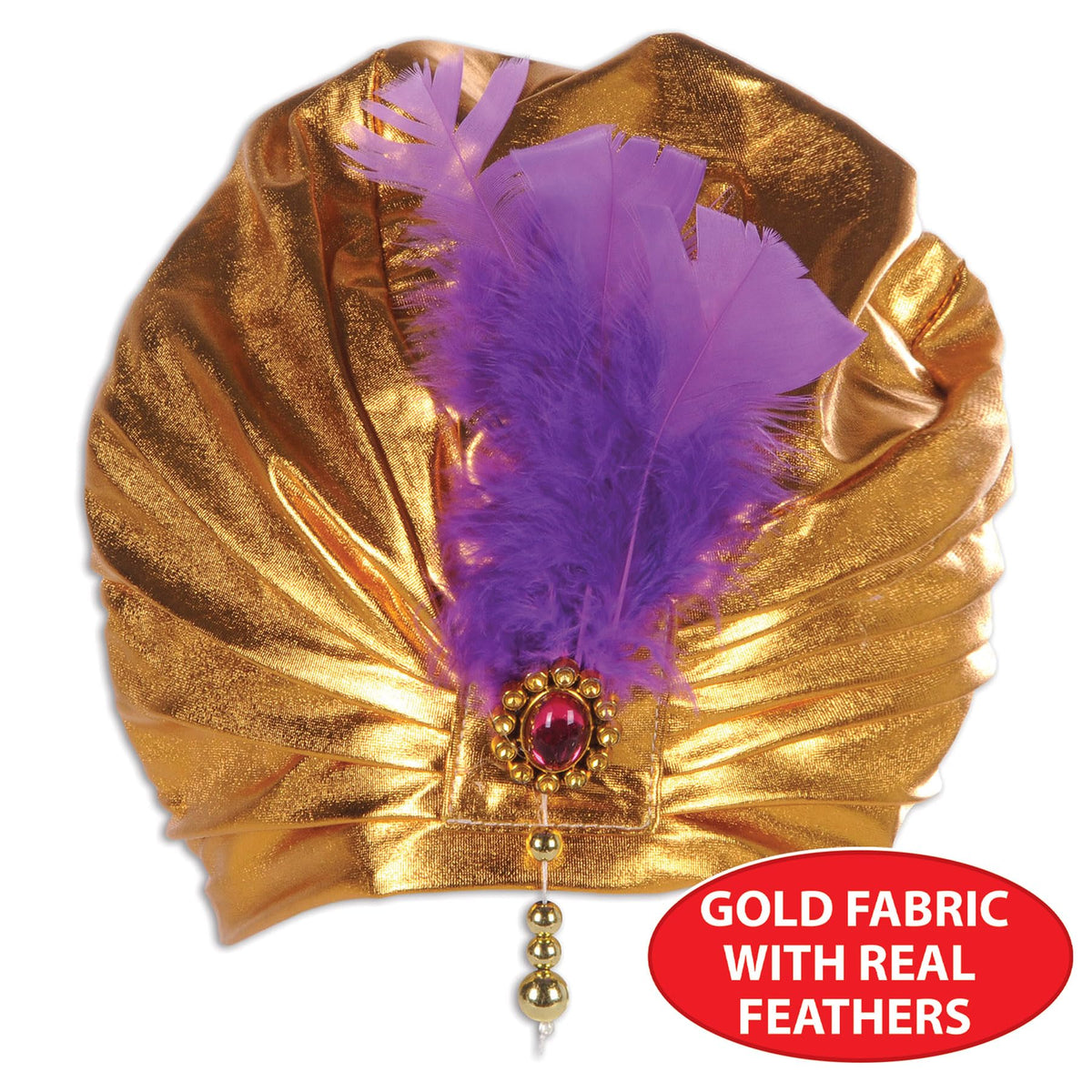 Beistle Sultan Hat close-up highlighting gold fabric and brooch-like embellishment