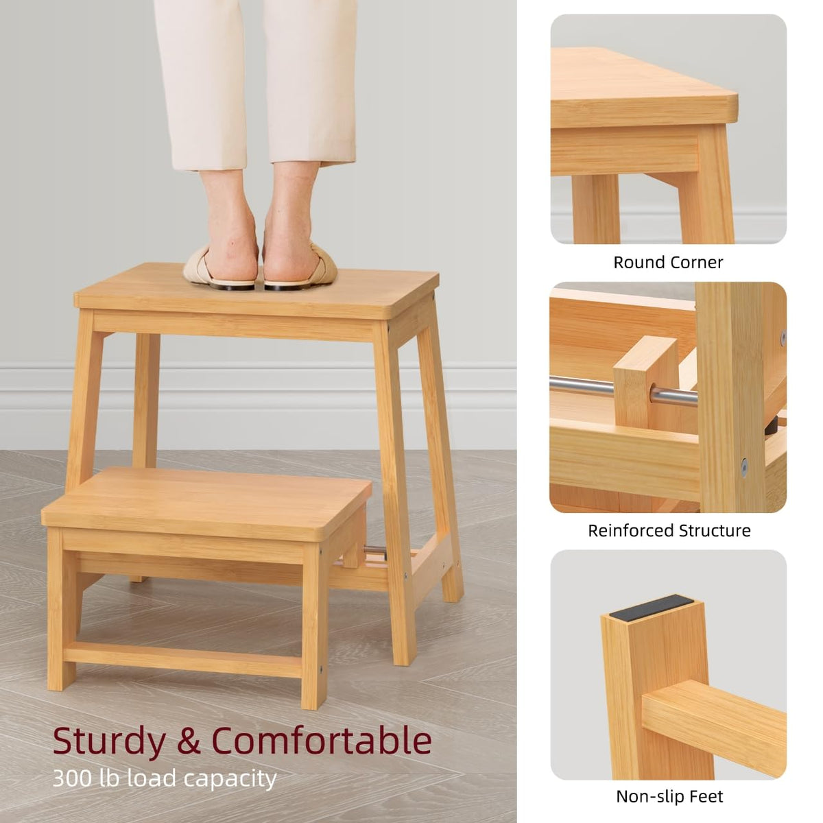 BEKVEM bamboo stool highlighting anti-slip feet and floor protection