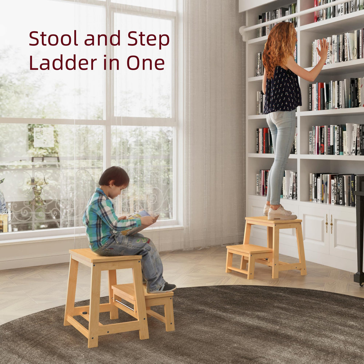 BEKVEM bamboo stool placed in the kitchen for easy reach of cabinets