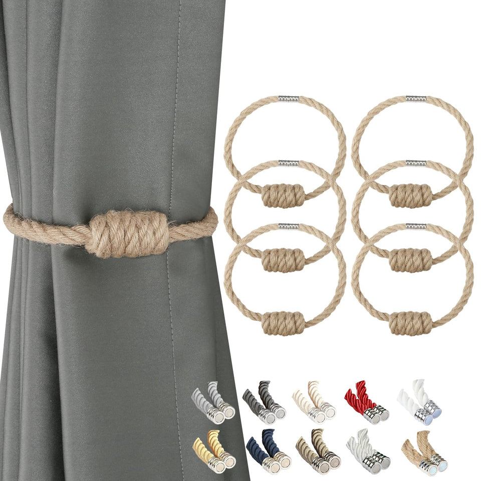 BEL AVENIR magnetic jute curtain tiebacks in bohemian style for easy, tool-free control.