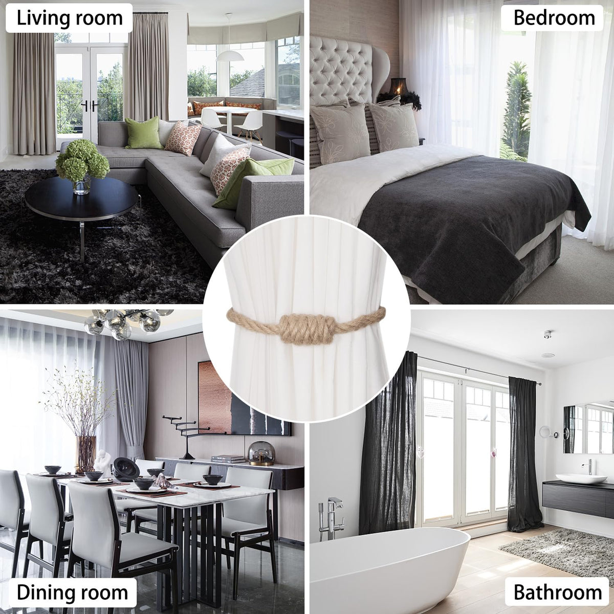 Multi-color BEL AVENIR jute tiebacks ideal for matching decor schemes.