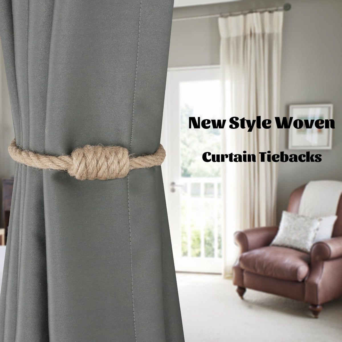 Tool-free installation with BEL AVENIR magnetic jute curtain tiebacks.