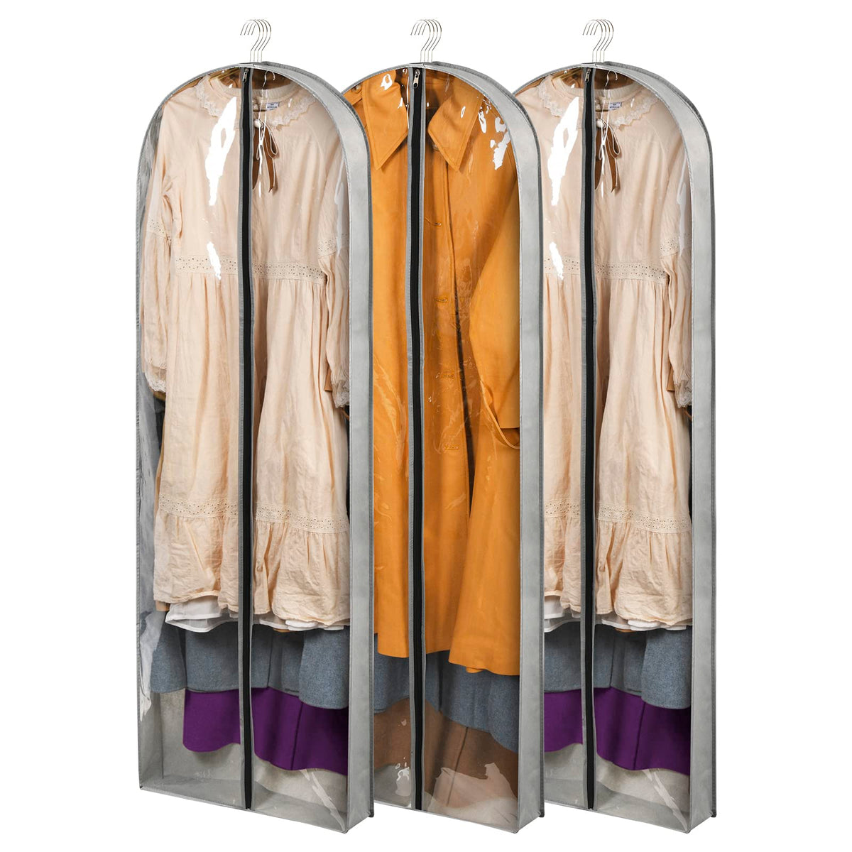 Belinlen 3-pack 60-inch garment bags with clear fronts protect long gowns while traveling.