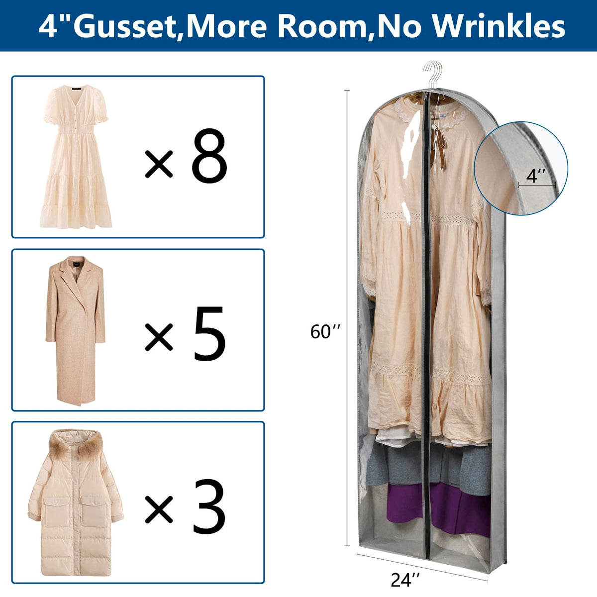 Belinlen 60-inch bag hanging in a closet keeps dresses organized and accessible.