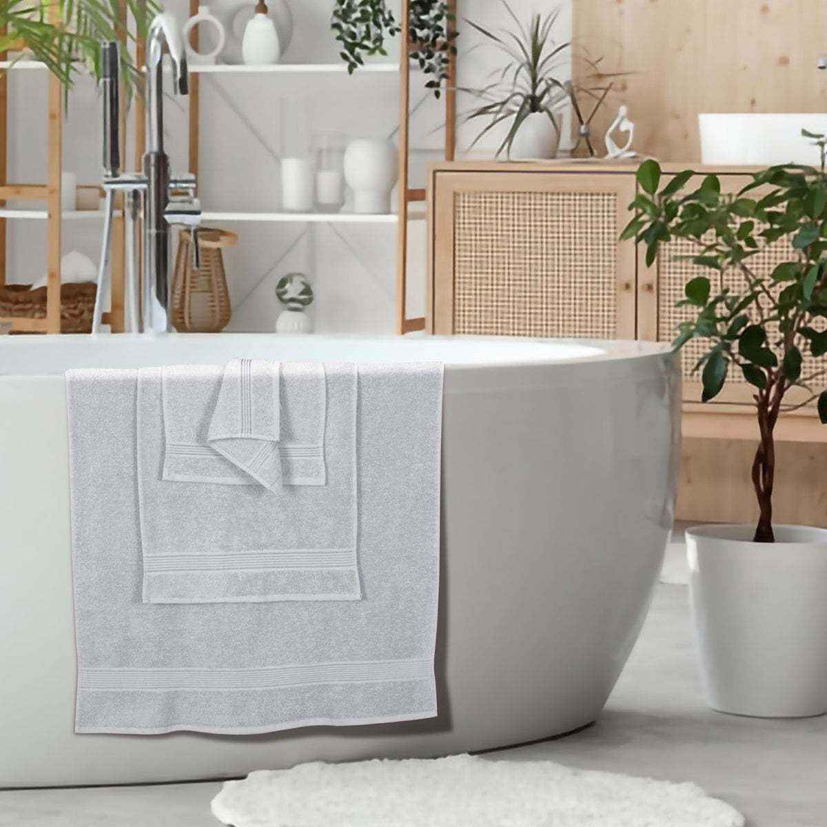 Light grey Belizzi Home towels folded neatly for modern bathroom style.