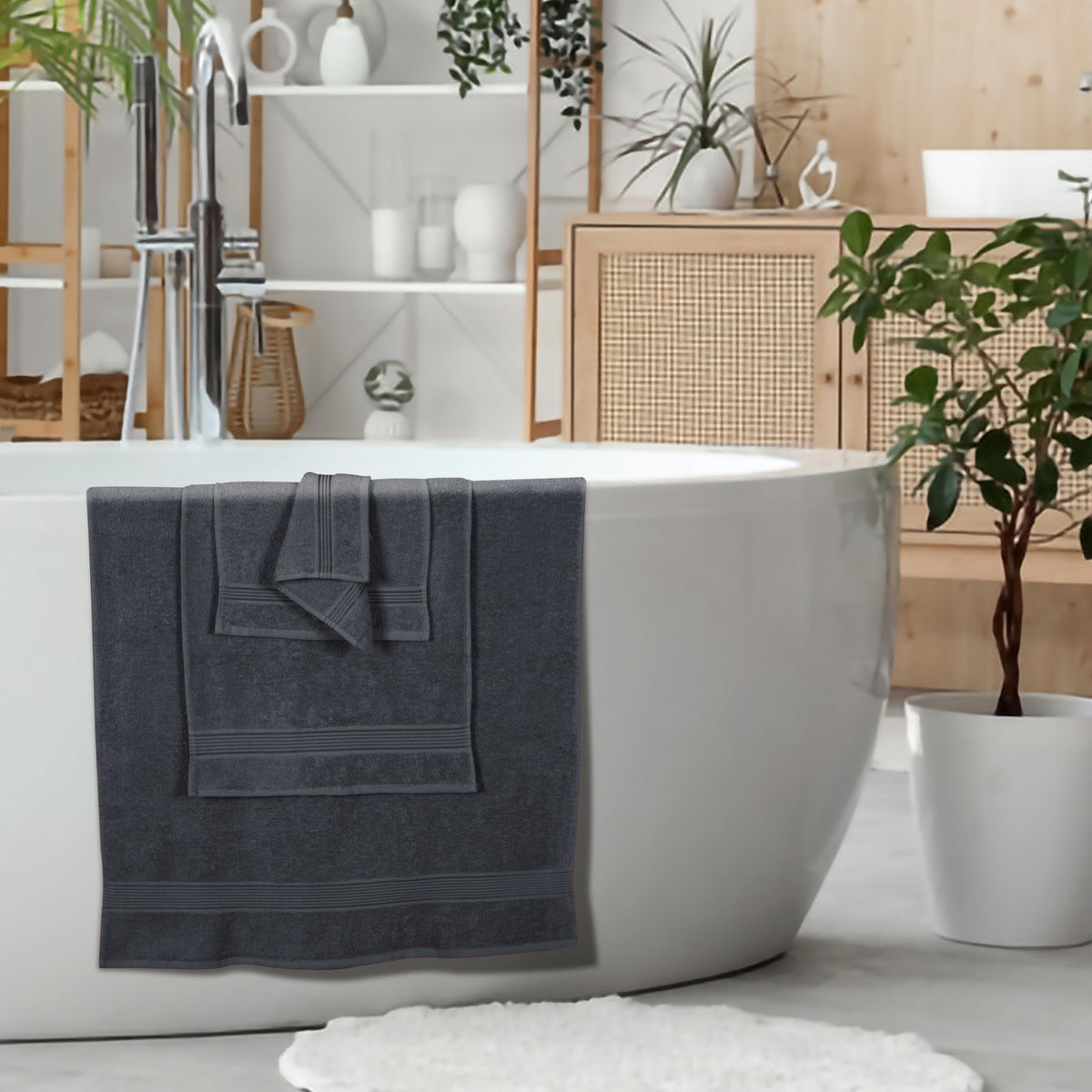 Belizzi Home bathroom display in charcoal grey with a spa-like vibe.