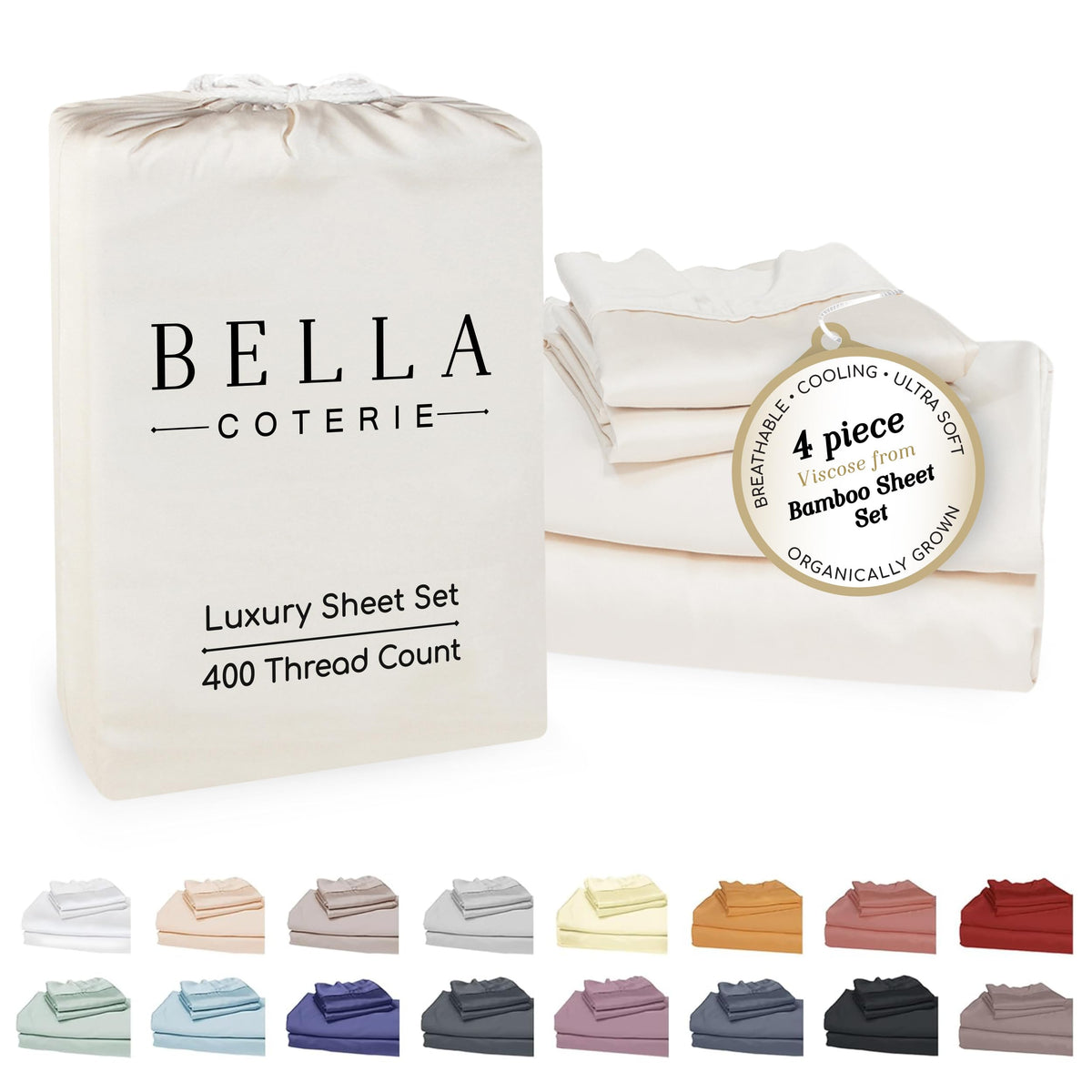 BC Bella Coterie bamboo viscose king sheet set top view highlights luxurious weave and breathable comfort.
