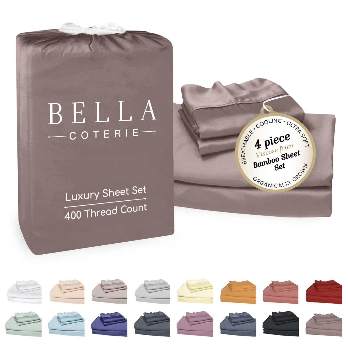 Bella Coterie bamboo viscose sheets in mocha offer cooling comfort.