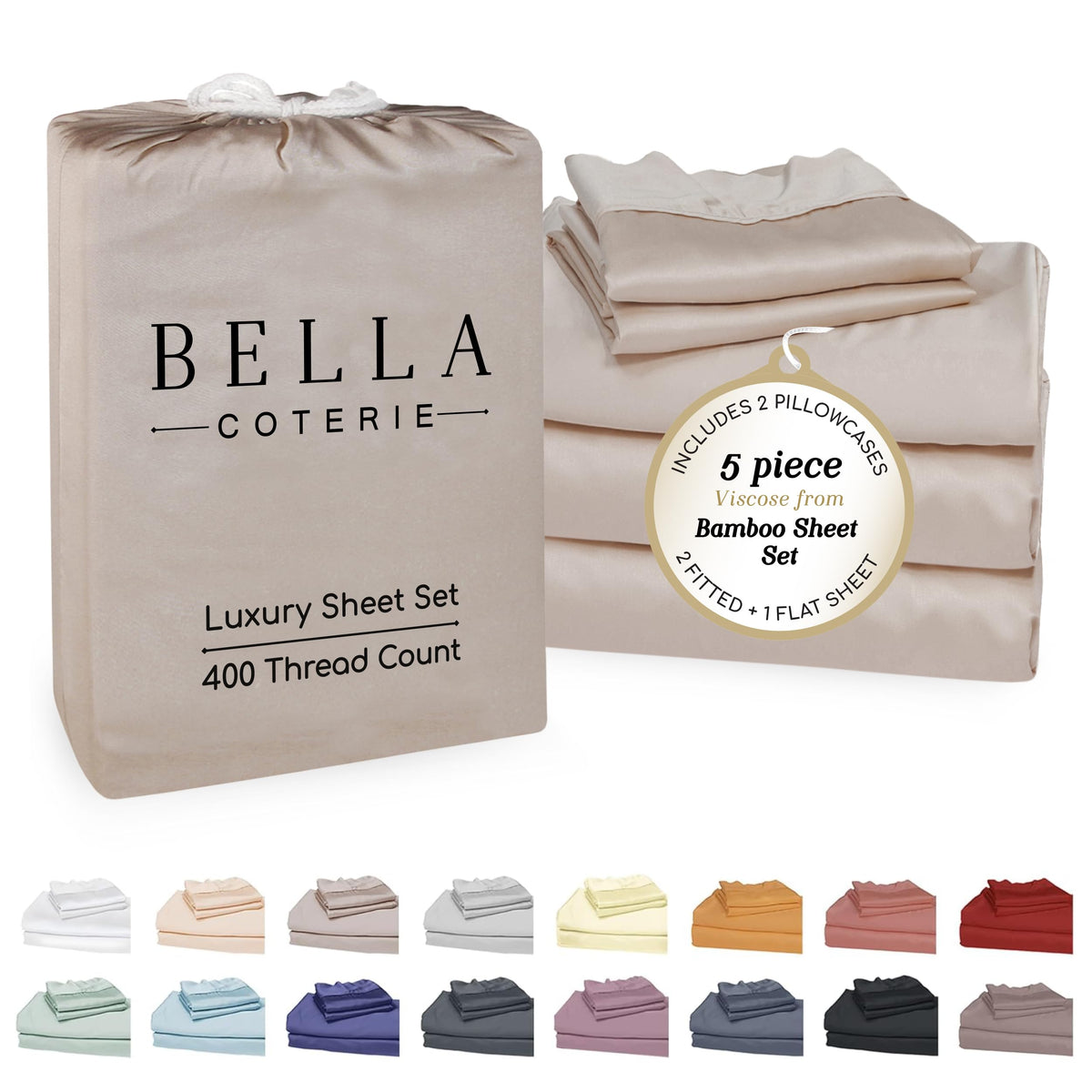 Bella Coterie bamboo viscose split-king sheets in dune color, silky and breathable.