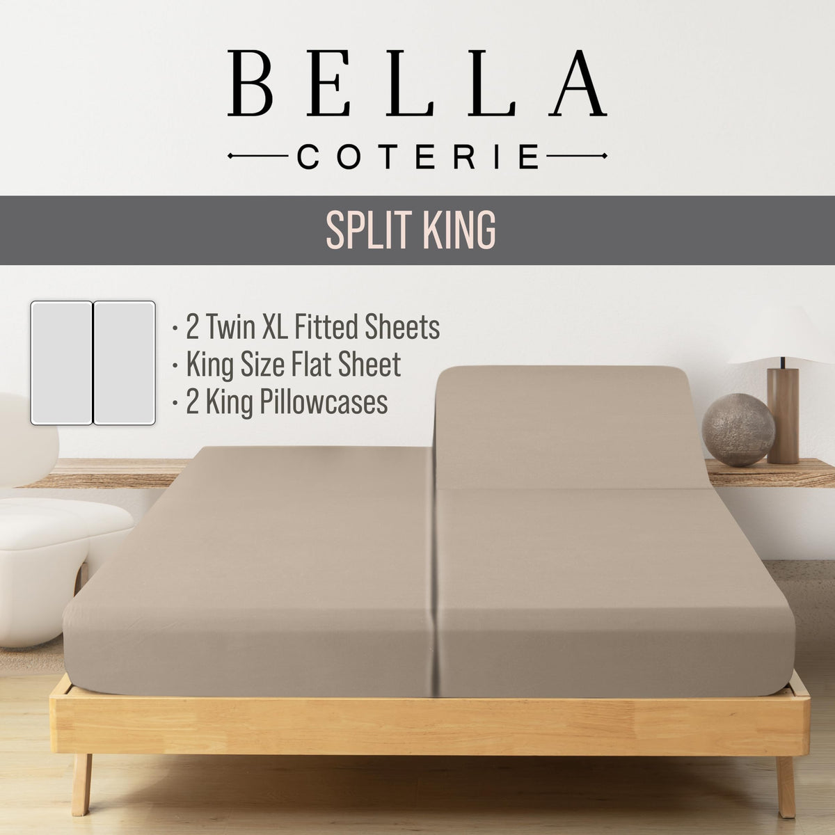 Bella Coterie fitted sheet 18-inch pocket in dune designed to secure deep mattresses.
