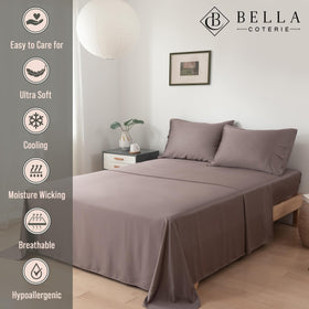 Bella Coterie mocha bamboo sheets close-up showing 18-inch deep pocket fit.