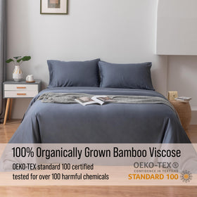 Bella Coterie slate blue bed setup for cool, comfortable nights