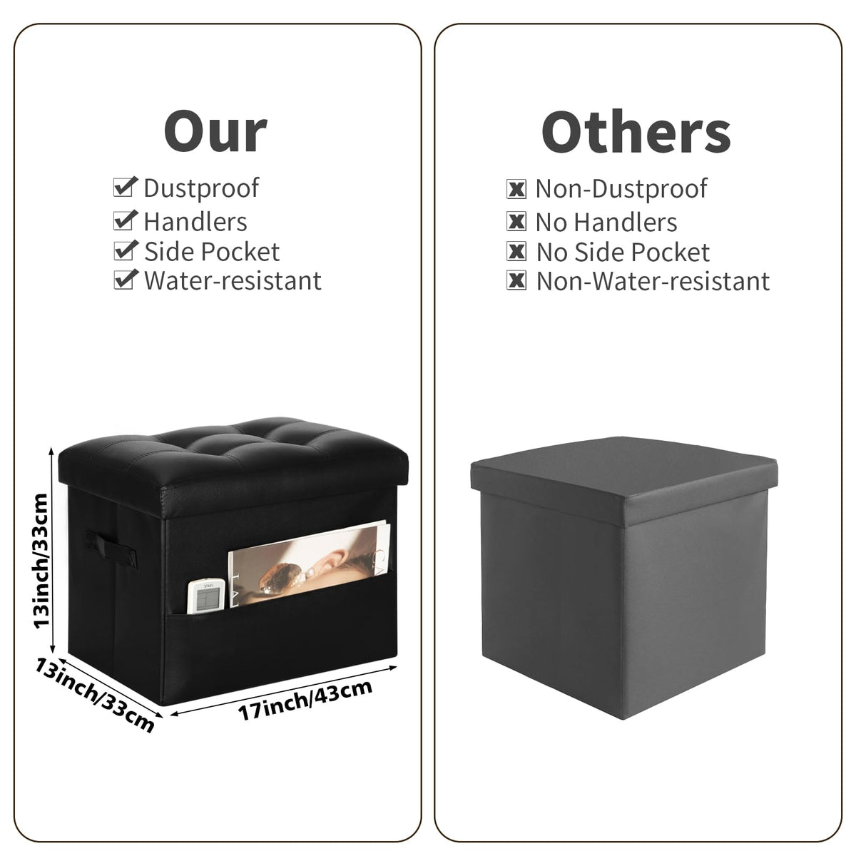 BelugaHelper black living-room setup shows versatile styling with storage ottoman.