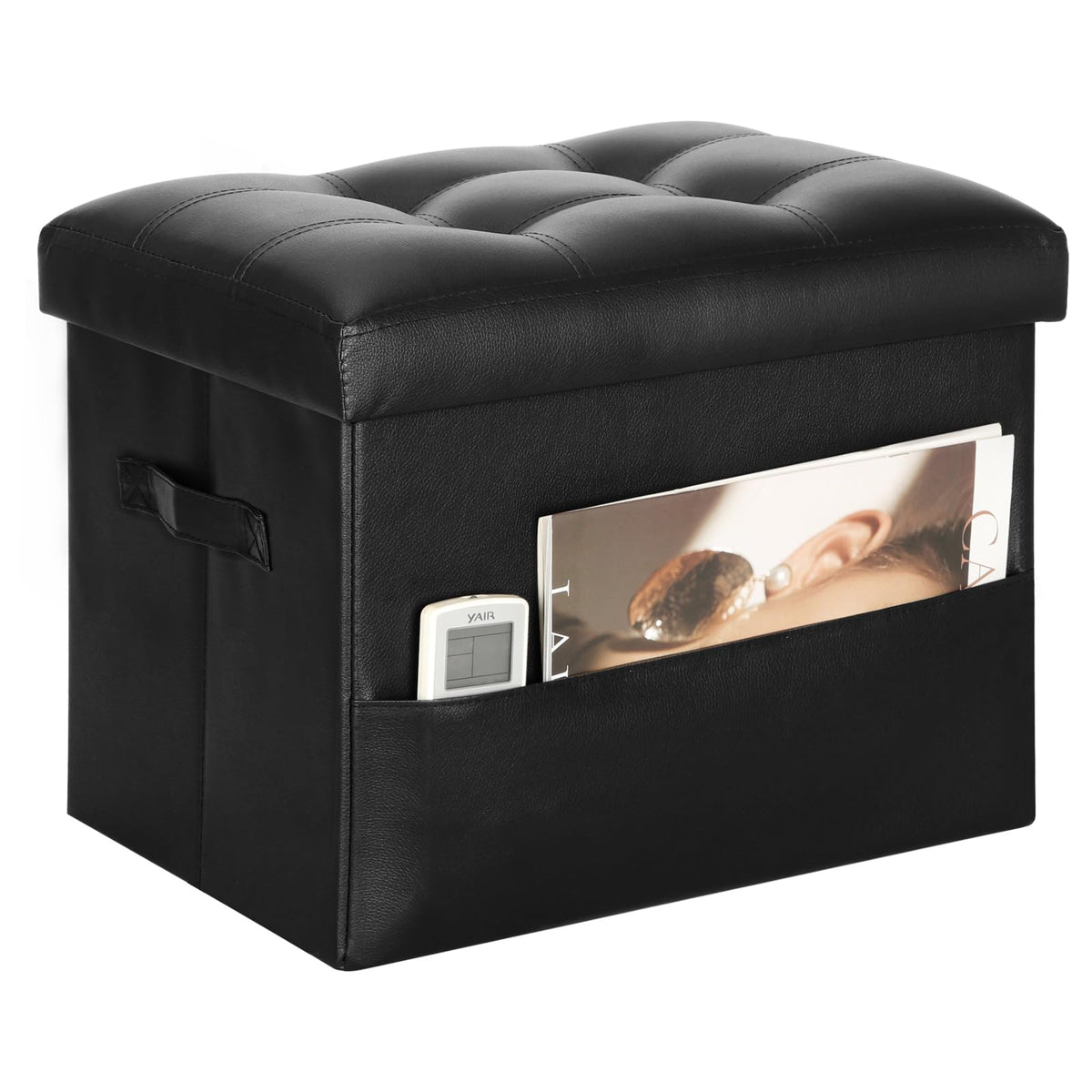 BelugaHelper storage ottoman in black leather offers compact, sturdy seating.