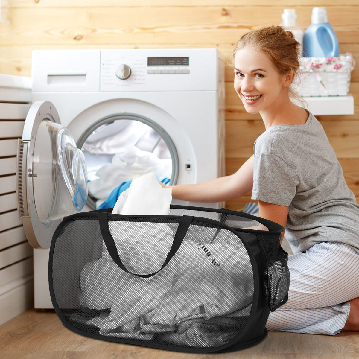 Bemkoo collapsible laundry basket side pocket highlights convenient detergent storage.