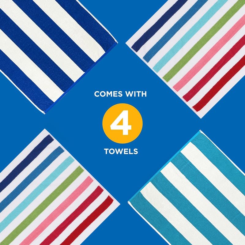 Cabana stripe pattern on Kaufman towel against sunny beach backdrop.