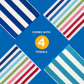Cabana stripe pattern on Kaufman towel against sunny beach backdrop.