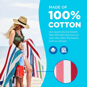 Kaufman cabana-striped towel folded poolside, oversized 30in x 60in for wrapping.