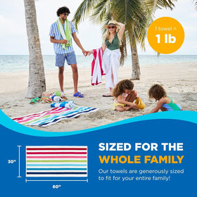 Ben Kaufman striped towels stacked on the sand, ideal for family beach days.