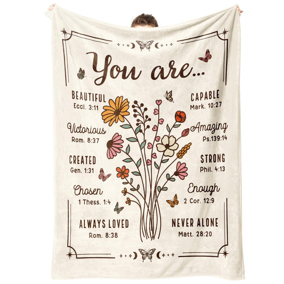BeneCharm Christian floral throw blanket on sofa offers cozy, scripture-inspired warmth.