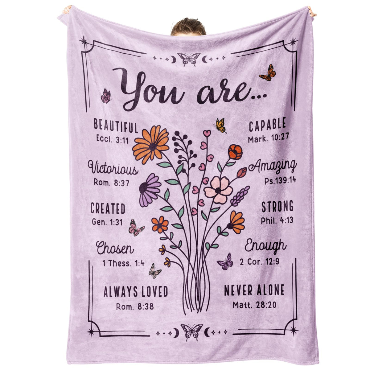 BeneCharm Christian floral throw blanket in purple, front view showing size and cozy texture.