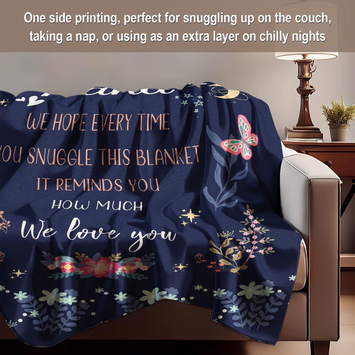 BeneCharm Nana Gifts navy blue blanket adds elegant color with plush texture.
