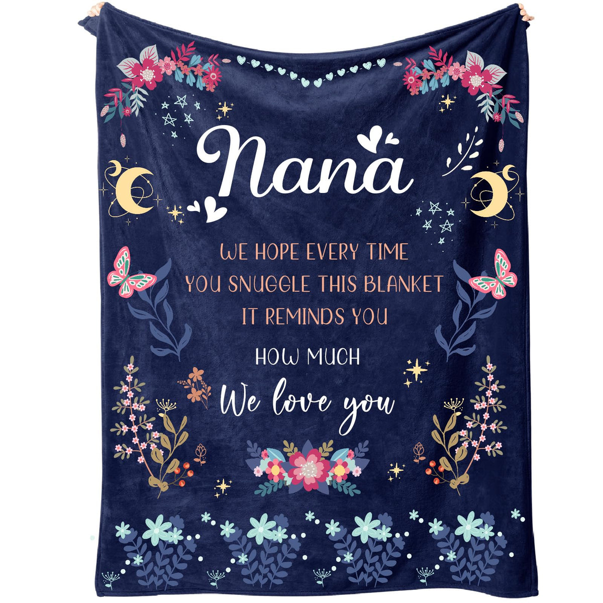 BeneCharm Nana Gifts blanket shows a heartfelt message on navy-blue flannel.