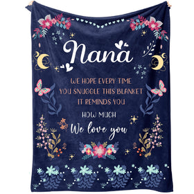 BeneCharm Nana Gifts blanket shows a heartfelt message on navy-blue flannel.