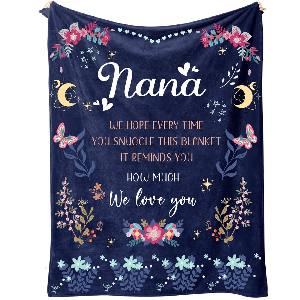 BeneCharm Nana Gifts blanket shows a heartfelt message on navy-blue flannel.