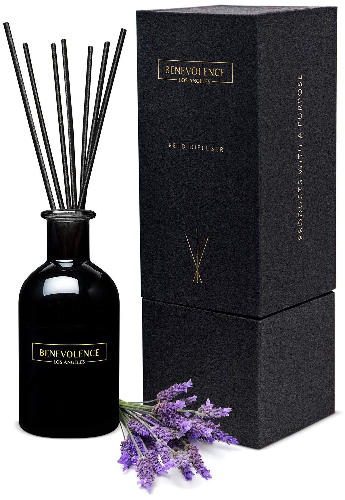 Benevolence LA lavender-eucalyptus bottle releasing calming fragrance in a stylish home setup