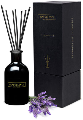 Benevolence LA lavender-eucalyptus bottle releasing calming fragrance in a stylish home setup