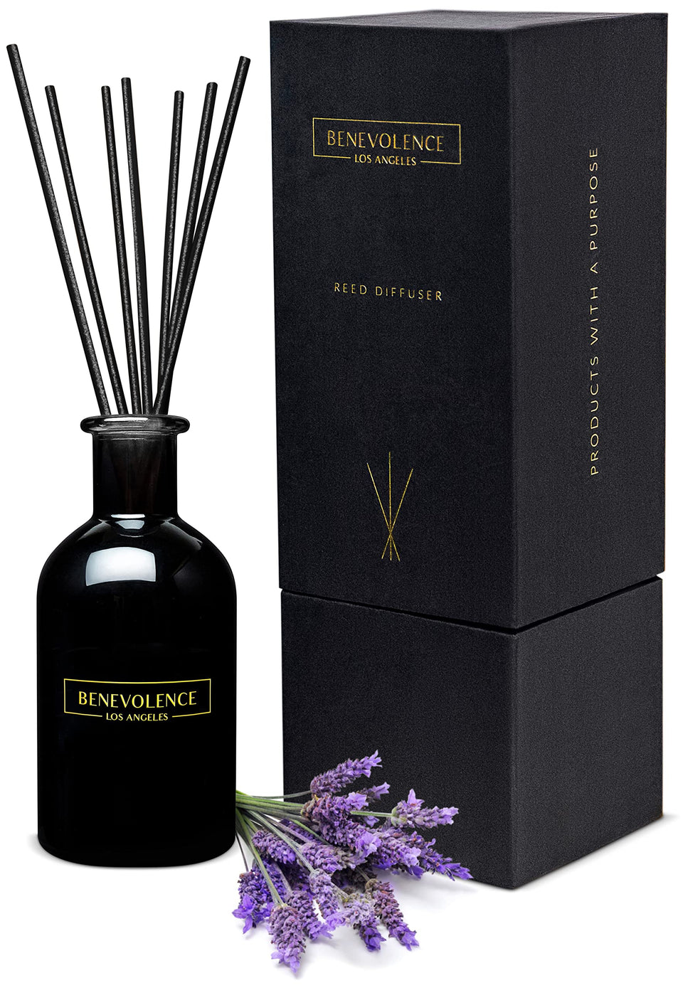 Benevolence LA lavender-eucalyptus bottle releasing calming fragrance in a stylish home setup