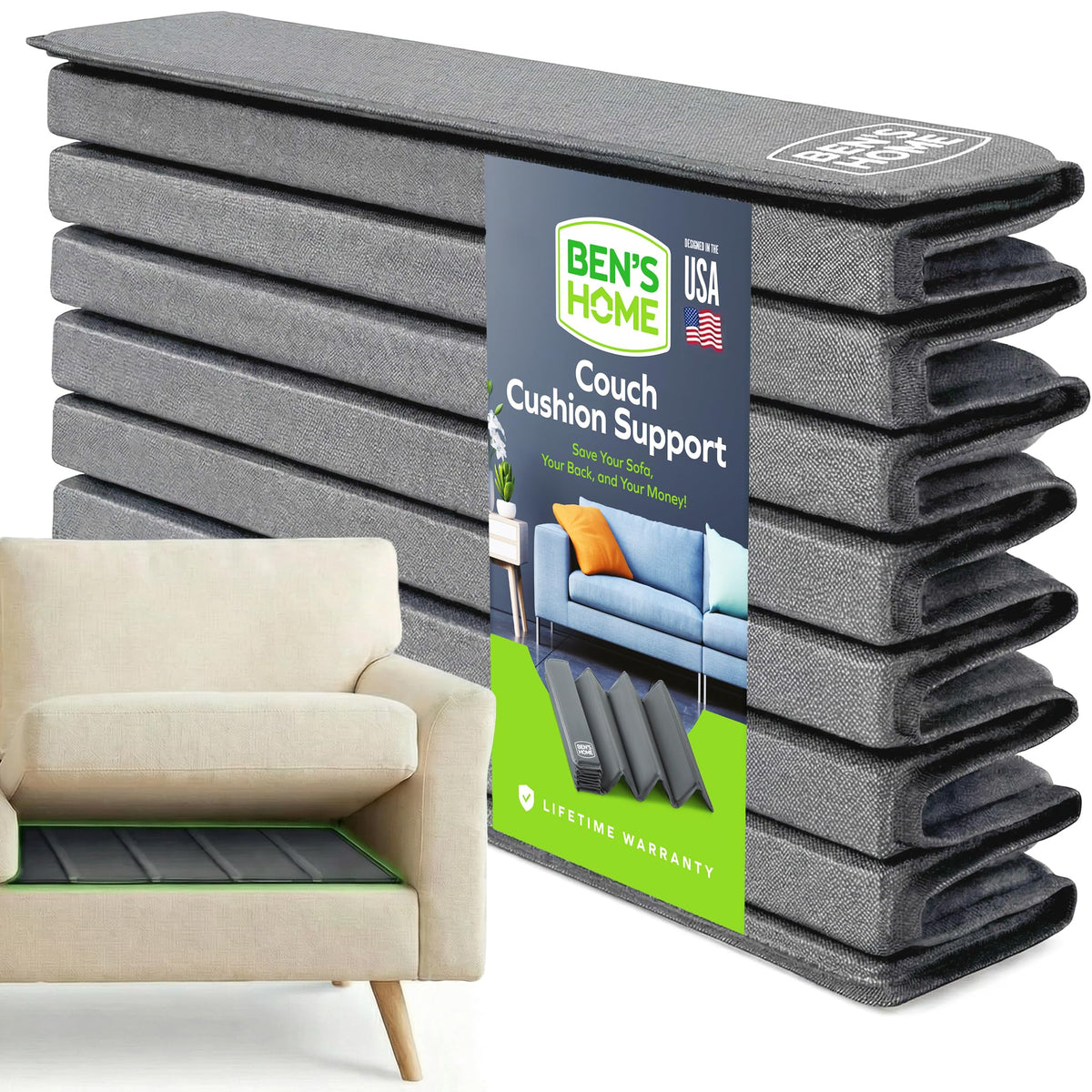 BEN'SHOME cushion board under cushions, front view, adds hidden firmness for daily seating.