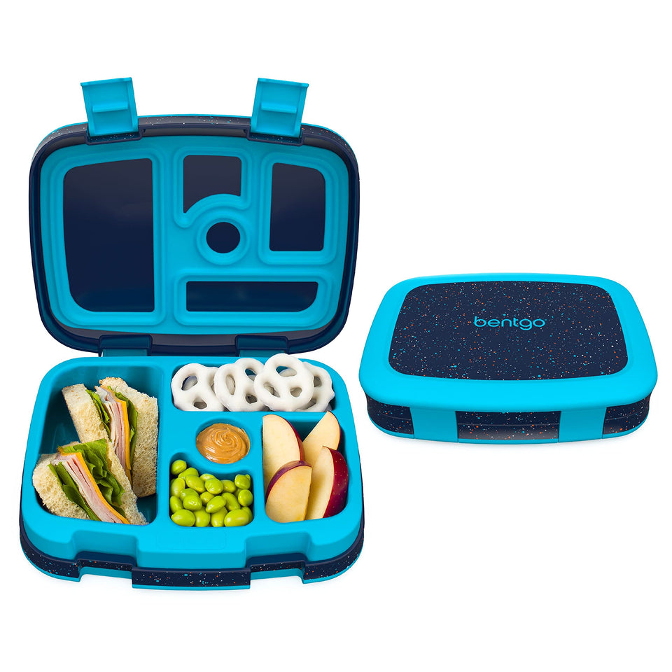 Bentgo Kids confetti abyss blue lunch box shows 5-compartment organization for meals