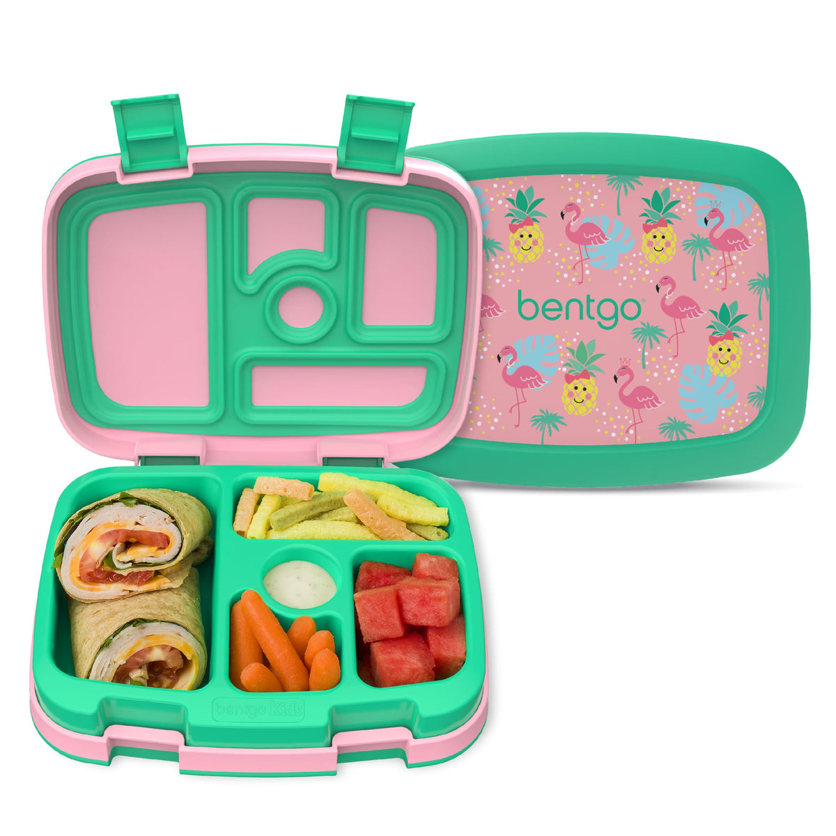 Bentgo Kids 5-compartment lunchbox with tropical design, ideal for organized, balanced meals.
