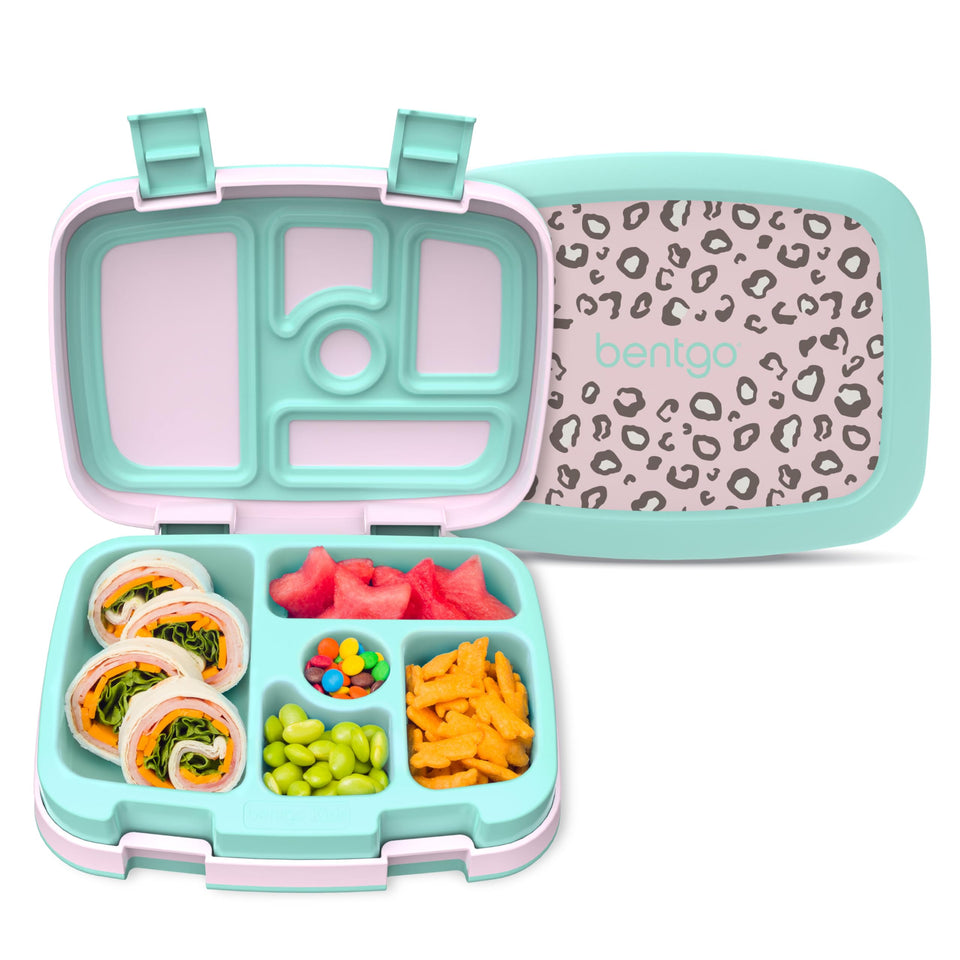 Bentgo Kids leopard print lunch box shown for durable daily school meals