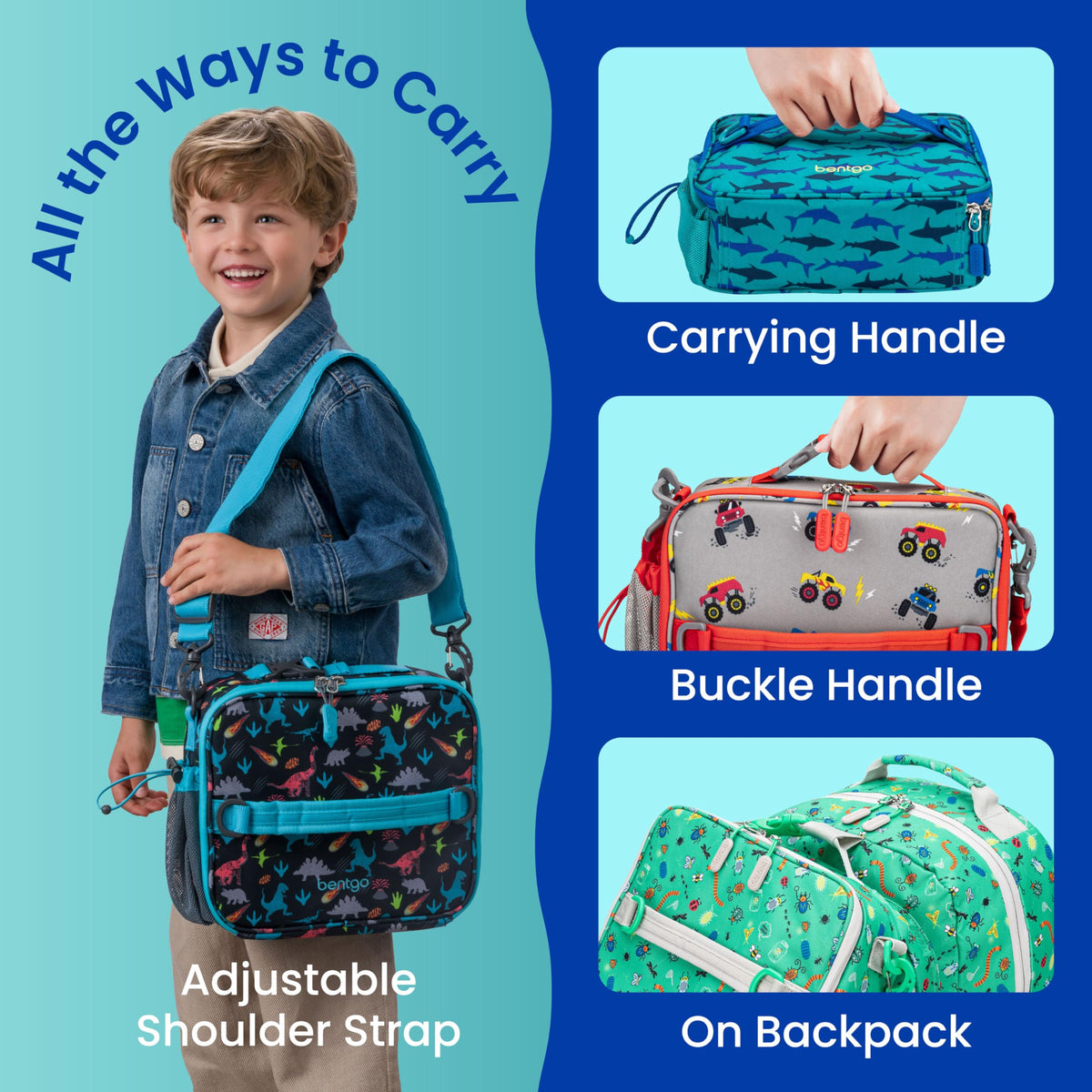 Bentgo Kids Shark adjustable shoulder strap for comfortable carrying.