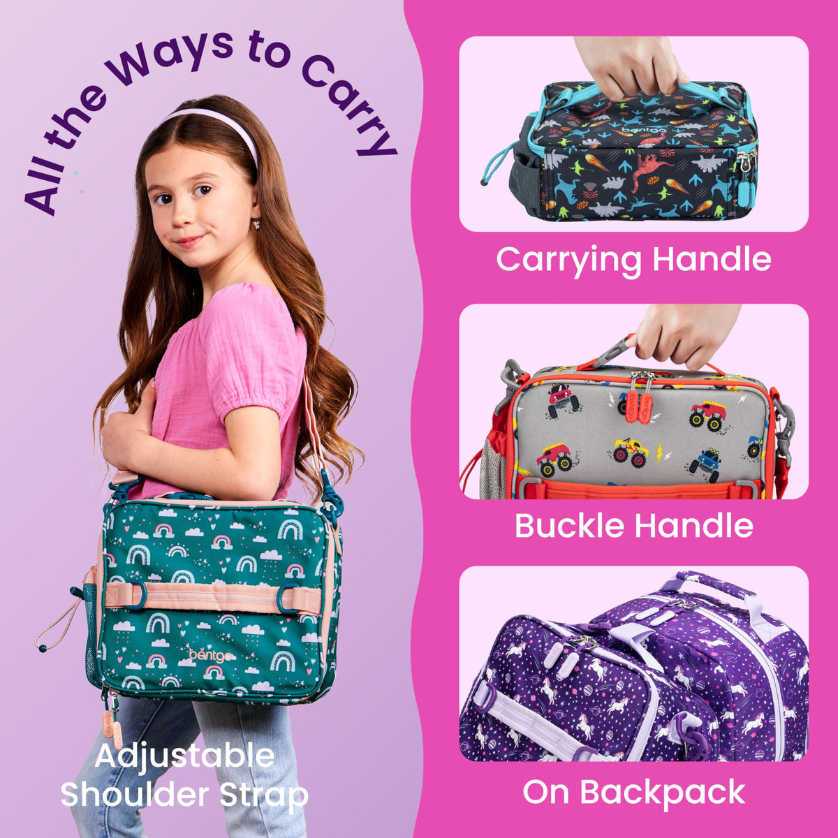 Bentgo Kids Unicorn Backpack-Attachment enables hands-free transport by attaching to backpacks.